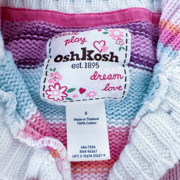 Vintage Oshkosh B'gosh Sweater Girls 6 Button Front Striped 100% Cotton - Picture 4 of 9